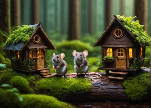 whimsical animals,woodland animals,miniature house,fairy house,forest animals,house in the forest,white footed mice,vintage mice,fairy village,diorama,dolls houses,miniature figures,squirrels,chinese tree chipmunks,tiny world,rodentia icons,birdhouses,mice,fairy forest,fairytale forest,Photography,General,Fantasy