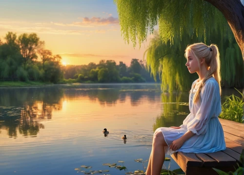 girl on the river,relaxed young girl,idyll,girl and boy outdoor,idyllic,landscape background,tranquility,girl with tree,background view nature,romantic scene,girl sitting,the blonde in the river,peaceful,peacefulness,beautiful lake,girl on the boat,summer evening,evening lake,swan lake,meditation,Conceptual Art,Sci-Fi,Sci-Fi 19