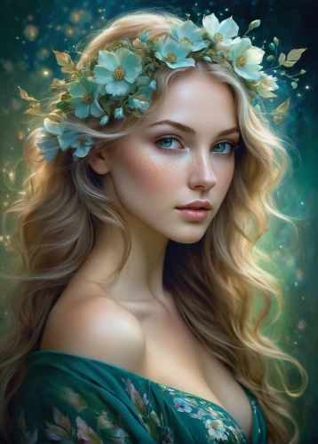 faery,faerie,elven flower,fantasy portrait,celtic woman,fairy queen,dryad,fantasy art,flower fairy,beautiful girl with flowers,jessamine,fae,girl in flowers,fantasy picture,jasmine blossom,mystical portrait of a girl,celtic queen,flora,fairy tale character,romantic portrait,Illustration,Realistic Fantasy,Realistic Fantasy 30