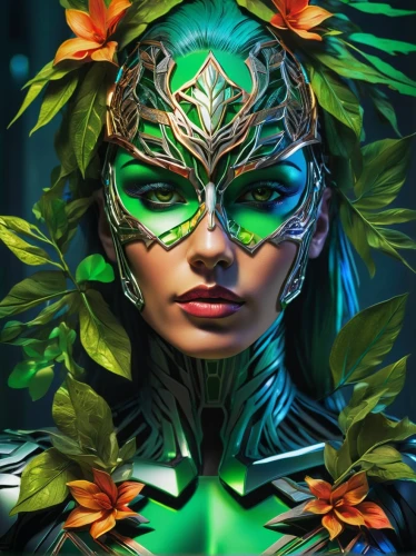 masquerade,dryad,poison ivy,venetian mask,laurel wreath,fantasy portrait,elven flower,the enchantress,polynesian,flora,body painting,faerie,green wreath,faery,tiger lily,bodypainting,crown-of-thorns,fairy peacock,fantasy art,passion flower,Photography,Artistic Photography,Artistic Photography 08