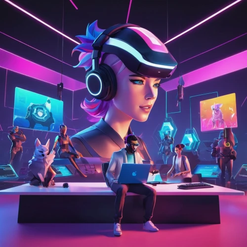 neon human resources,music background,cyberpunk,spotify icon,musical background,room creator,80s,smart album machine,noodle image,dj,girl at the computer,vector people,persona,women in technology,control center,80's design,plug-in figures,virtual world,cyber,headset,Unique,3D,Low Poly