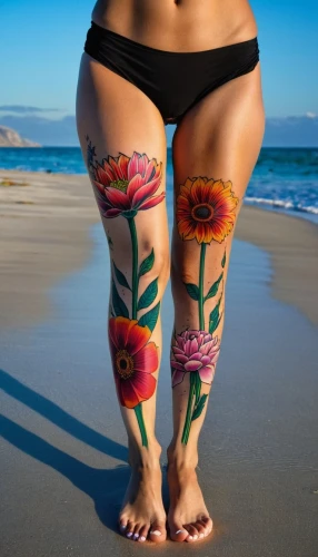 body art,bodypaint,body painting,colorful floral,australian daisies,bodypainting,tattooed,tattoo girl,tattoos,seaside daisy,lei flowers,desert flower,lotus tattoo,beach grass,women's legs,beach towel,beach shoes,floral rangoli,girl on the dune,with tattoo,Photography,Artistic Photography,Artistic Photography 09