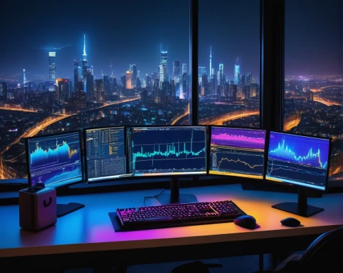 computer workstation,desktop computer,computer desk,trading floor,monitors,blur office background,monitor wall,computer monitor,computer room,cyberpunk,working space,control center,computer art,desk,crypto mining,monitor,modern office,night administrator,the server room,pc tower,Conceptual Art,Sci-Fi,Sci-Fi 22