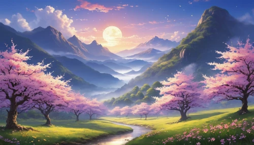 fantasy landscape,landscape background,japanese sakura background,springtime background,mountain landscape,spring background,mountain scene,sakura trees,purple landscape,beautiful landscape,sakura background,mountainous landscape,nature landscape,meadow landscape,spring blossoms,fantasy picture,forest landscape,spring morning,spring blossom,mount scenery,Photography,General,Realistic