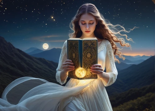 magic book,mystical portrait of a girl,fantasy picture,fairytales,divination,magic grimoire,fairy tales,sorceress,fantasy portrait,turn the page,light of night,children's fairy tale,sci fiction illustration,fantasy art,read a book,fairy tale,open book,the night of kupala,a fairy tale,hymn book,Art,Artistic Painting,Artistic Painting 38