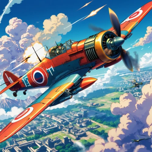 supermarine spitfire,north american t-6 texan,biplane,glider pilot,monoplane,republic p-47 thunderbolt,north american p-51 mustang,air racing,aerobatics,lockheed hudson,aerobatic,game illustration,french digital background,curtiss p-40 warhawk,aviation,red arrow,patrol suisse,douglas aircraft company,flying machine,bi plane,Illustration,Japanese style,Japanese Style 03