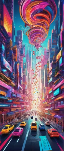 colorful city,futuristic landscape,city highway,metropolis,futuristic,3d car wallpaper,cityscape,world digital painting,fantasy city,cyberpunk,abstract retro,tokyo city,highway lights,urban,electric,night highway,80's design,cities,tokyo,digitalart,Illustration,Realistic Fantasy,Realistic Fantasy 39
