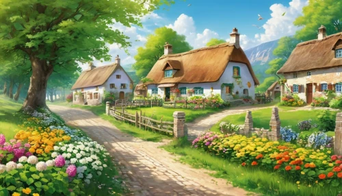 aurora village,home landscape,alpine village,springtime background,knight village,spring background,houses clipart,children's background,country cottage,summer cottage,mountain village,fairy village,village life,countryside,cottage garden,landscape background,idyllic,cottages,wooden houses,villages,Illustration,Japanese style,Japanese Style 19