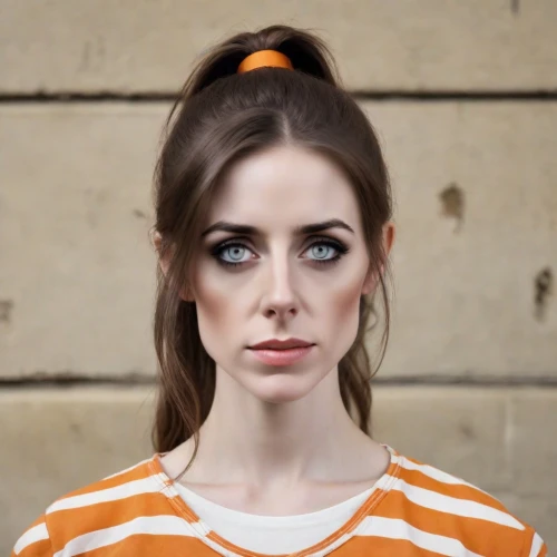 orange,orange color,orange half,lindsey stirling,bright orange,apricot,orange eyes,orange robes,polo shirt,orange cream,tangerine,fawn,girl in t-shirt,female model,shoulder length,striped background,british actress,big eyes,laurel cherry,half orange,Photography,Natural