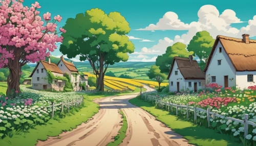 springtime background,spring background,blooming field,rural landscape,home landscape,spring morning,cartoon video game background,landscape background,flower field,french digital background,countryside,studio ghibli,farm landscape,idyllic,springtime,tulips field,rural,tulip field,farm background,japanese sakura background,Illustration,Japanese style,Japanese Style 07