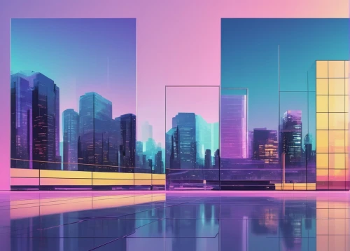 cityscape,colorful city,skyscrapers,glass facades,city blocks,city skyline,virtual landscape,futuristic landscape,glass building,abstract corporate,gradient effect,doha,glass series,glass blocks,pink squares,panoramical,city scape,buildings,city buildings,glass wall,Art,Artistic Painting,Artistic Painting 32