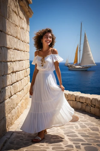 little girl in wind,girl in white dress,cheerfulness,puglia,hellenic,greece,greek islands,sail blue white,gracefulness,girl in a long dress,greek island,balearic islands,peloponnese,aegean,little girl twirling,girl in a historic way,the sea maid,girl on the boat,mediterranean,woman walking,Illustration,Retro,Retro 02