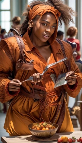 woman holding pie,african croissant,chef,african woman,placemat,woman eating apple,national cuisine,eat,african american woman,fatayer,cuisine,nigeria woman,orange robes,appetite,culinary,orange,bahian cuisine,restaurants online,passover,egusi