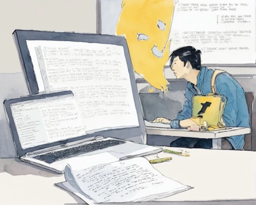 study room,writing-book,workspace,study,typesetting,girl studying,desk,writing or drawing device,writer,working space,writing pad,open notebook,post-it note,man with a computer,workstation,in a working environment,animator,classroom,shirakami-sanchi,illustrator,Illustration,Paper based,Paper Based 07