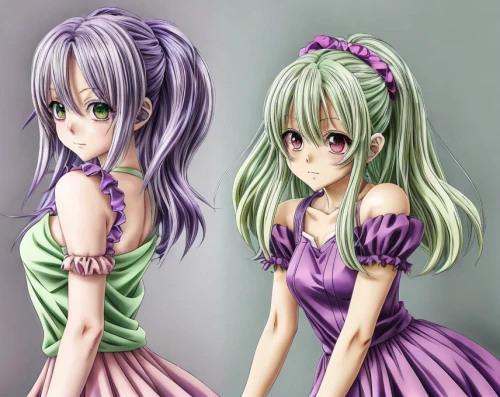 two girls,triplet lily,joint dolls,hairstyles,in pairs,sisters,duo,sage color,vocaloid,purple and pink,patrol,fashion dolls,pink green,doll figures,twin flowers,citrus,frula,anime japanese clothing,doll looking in mirror,mother and daughter