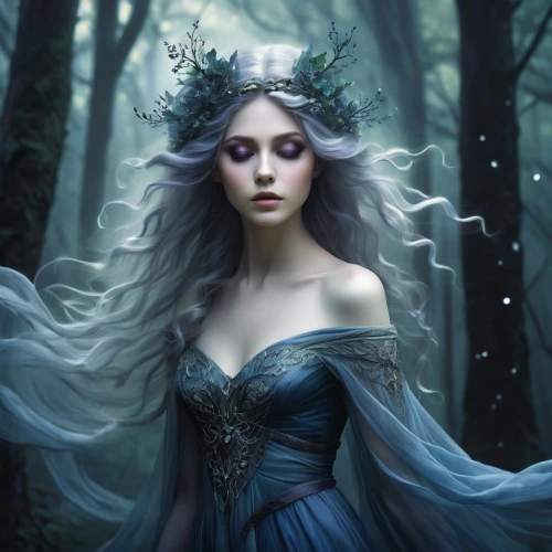 faery,faerie,blue enchantress,the snow queen,fairy queen,the enchantress,fantasy portrait,mystical portrait of a girl,white rose snow queen,fantasy art,dryad,fantasy picture,sorceress,queen of the night,ice queen,fantasy woman,enchanting,fairy tale character,blue moon rose,enchanted,Illustration,Realistic Fantasy,Realistic Fantasy 15