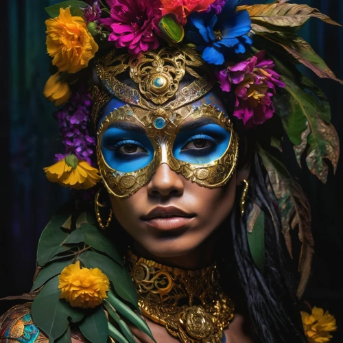 masquerade,venetian mask,gold mask,polynesian girl,golden mask,mystical portrait of a girl,polynesian,fantasy portrait,face paint,balinese,asian costume,fairy peacock,kahila garland-lily,brazil carnival,tribal masks,beautiful girl with flowers,warrior woman,shamanic,golden wreath,the enchantress,Photography,Artistic Photography,Artistic Photography 08