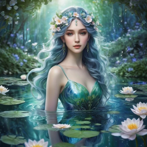 water nymph,faery,faerie,water lotus,fantasy picture,fairy queen,elven flower,fantasy portrait,flower fairy,fantasy art,water rose,rusalka,flower of water-lily,lilly of the valley,dryad,mermaid background,mystical portrait of a girl,beautiful girl with flowers,water-the sword lily,lotus blossom,Illustration,Realistic Fantasy,Realistic Fantasy 15