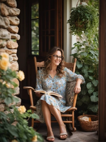 napa valley,reading glasses,in the garden,provencal life,relaxing reading,southern belle,porch swing,brooke shields,porch,rocking chair,librarian,reading owl,with glasses,reading,garden bench,author,rhonda rauzi,sitting on a chair,floral chair,book,Photography,Fashion Photography,Fashion Photography 11