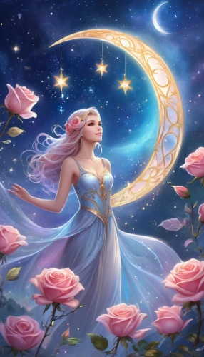 blue moon rose,rosa 'the fairy,zodiac sign libra,horoscope libra,rosa ' the fairy,fantasy picture,moon and star background,the zodiac sign pisces,fairy galaxy,romantic rose,the sleeping rose,sky rose,stars and moon,fae,moonbeam,horoscope pisces,sleeping rose,fairy queen,faerie,celtic woman,Illustration,Realistic Fantasy,Realistic Fantasy 01