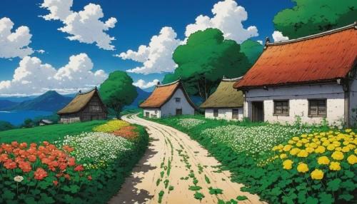 studio ghibli,home landscape,blooming field,rural landscape,flower field,farm landscape,sunflower field,springtime background,meadow landscape,tulip field,clover meadow,the valley of flowers,landscape background,alpine village,japan landscape,countryside,tulips field,houses clipart,yamada's rice fields,vegetables landscape,Illustration,Japanese style,Japanese Style 11