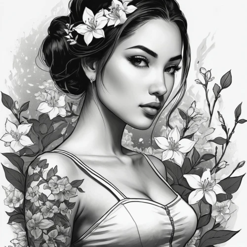 jasmine blossom,a beautiful jasmine,jasmine flower,jasmine,geisha girl,rose flower illustration,fantasy portrait,beautiful girl with flowers,geisha,magnolias,plumeria,oriental princess,white plumeria,digital painting,jasmine flowers,polynesian girl,lotus art drawing,oriental girl,romantic portrait,flower girl,Illustration,Paper based,Paper Based 05