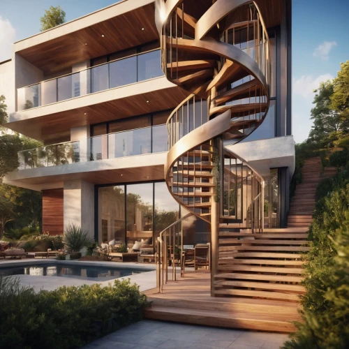 modern architecture,modern house,3d rendering,wooden stairs,winding staircase,wooden stair railing,steel stairs,balconies,jewelry（architecture）,spiral staircase,dunes house,spiral stairs,circular staircase,futuristic architecture,block balcony,outside staircase,tree house,luxury property,contemporary,garden design sydney,Photography,General,Commercial