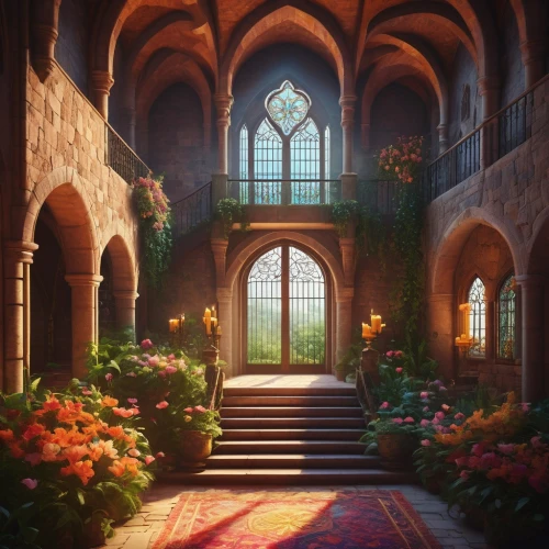 dandelion hall,violet evergarden,hall of the fallen,fairy tale castle,sanctuary,fairytale castle,arches,medieval architecture,the threshold of the house,conservatory,a fairy tale,fairy tale,fantasy landscape,ornate room,flower booth,3d fantasy,cloister,monastery,castle of the corvin,courtyard,Art,Artistic Painting,Artistic Painting 40