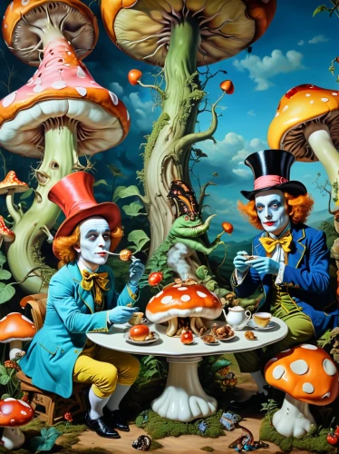 alice in wonderland,psychedelic art,mushroom landscape,mushrooms,hallucinogenic,toadstools,wonderland,agaric,mushrooming,gnomes at table,medicinal mushroom,club mushroom,tea party,fungi,surrealism,mushroom island,fungal science,umbrella mushrooms,mushroom cloud,situation mushroom