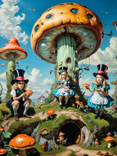 alice in wonderland,toadstools,mushroom landscape,mushroom island,wonderland,fairy world,umbrella mushrooms,mushrooms,3d fantasy,toadstool,fantasy world,mushrooming,club mushroom,popeye village,scandia gnomes,fairy village,fungal science,fairytale characters,edible mushrooms,agaric