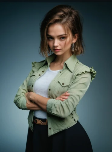 bolero jacket,portrait background,green jacket,jacket,jean jacket,leather jacket,grey background,green background,in a shirt,teen,young model,denim jacket,gap kids,jeans background,modeling,gap,child model,women clothes,khaki,transparent background,Photography,General,Natural