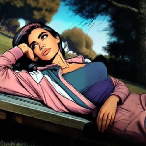 girl lying on the grass,la violetta,relaxed young girl,rockabella,woman sitting,woman on bed,persian poet,girl in bed,lounging,woman laying down,digital painting,relaxing,retro woman,girl sitting,resting,lazing around,lying down,retro girl,game illustration,kosmea