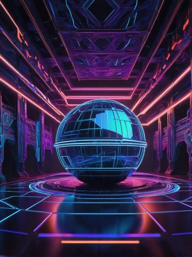 ufo interior,disco,3d background,prism ball,cinema 4d,epcot ball,cyberspace,nightclub,orbital,orb,futuristic,cube background,vector ball,mirror ball,gas planet,spaceship space,80's design,scifi,cyber,retro background,Illustration,Realistic Fantasy,Realistic Fantasy 31