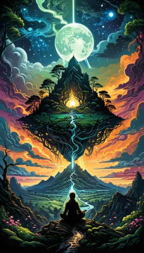 laser buddha mountain,ascension,astral traveler,enlightenment,illuminate,volcano,aura,pachamama,the pillar of light,trip computer,mantra om,psychedelic art,awakening,flow of time,transcendental,dimensional,the mystical path,avatar,ufo,stratovolcano,Illustration,Realistic Fantasy,Realistic Fantasy 25