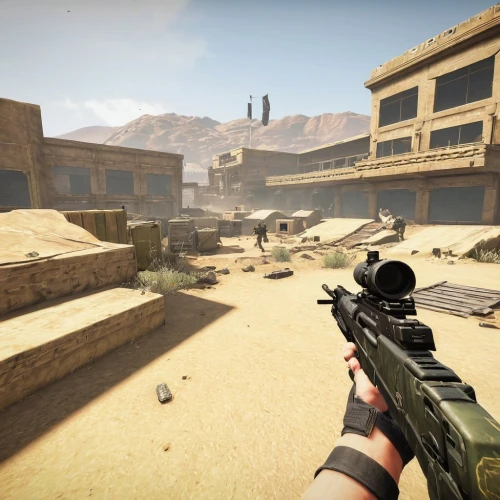 submachine gun,shooter game,screenshot,sandstorm,combat pistol shooting,crosshair,wasteland,graphics,area 51,shooting range,the desert,m4a1 carbine,capture desert,first person,battlefield,videogame,sidewinder,mojave,heavy crossbow,desert background,Illustration,Retro,Retro 02