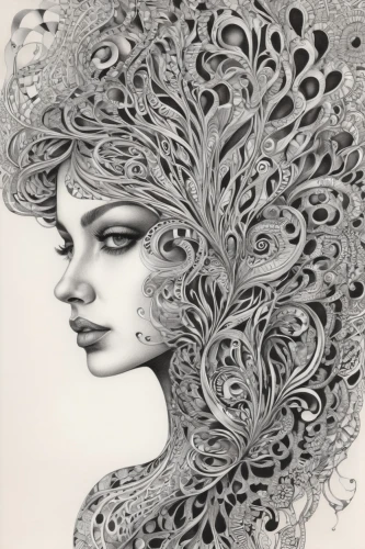 headdress,pencil drawings,filigree,fashion illustration,fractals art,dryad,venetian mask,boho art,the carnival of venice,headpiece,doily,feather headdress,masquerade,the hat of the woman,head woman,pencil art,art nouveau,art nouveau design,decorative figure,ballpoint pen,Illustration,Black and White,Black and White 30