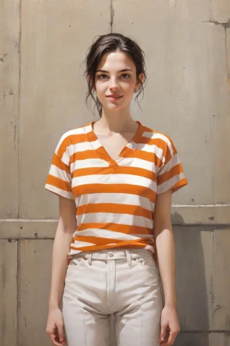 striped background,horizontal stripes,orange,girl in overalls,mime artist,orange half,cotton top,yellow background,mime,in a shirt,adorable,stripes,stripe,overalls,striped,paloma,bright orange,portrait of a girl,commercial,tangerine,Digital Art,Comic