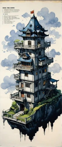 japanese architecture,asian architecture,chinese architecture,hashima,pagoda,sky apartment,matsumoto castle,japanese art,stilt houses,floating island,gunkanjima,bird tower,stone pagoda,cool woodblock images,japan landscape,oriental painting,tsukemono,stilt house,shirakami-sanchi,animal tower,Illustration,Japanese style,Japanese Style 10