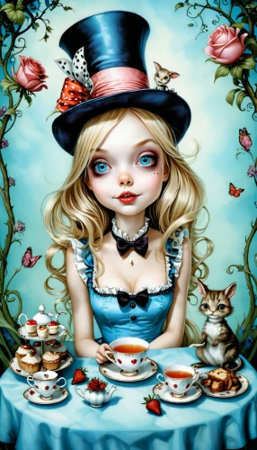 alice in wonderland,tea party,tea party collection,teacup,alice,tea party cat,tea service,girl with cereal bowl,tea time,cup and saucer,high tea,hatter,cake stand,wonderland,coffee tea illustration,cream tea,tearoom,teatime,british tea,aristocrat,Illustration,Abstract Fantasy,Abstract Fantasy 11