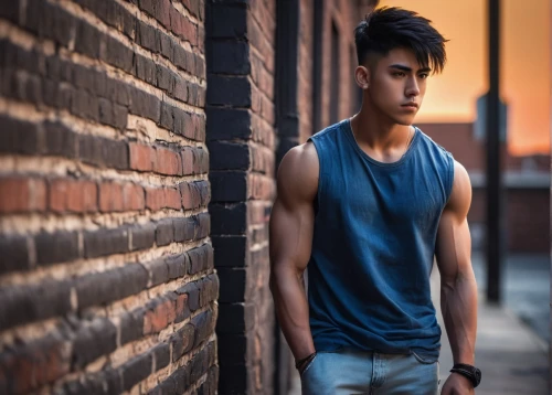 sleeveless shirt,kai yang,male model,boy model,tan chen chen,jeans background,janome chow,tao,arms,denim background,brick wall background,handsome model,brick background,young model istanbul,korean won,alleyway,red brick wall,yun niang fresh in mind,young model,vest,Art,Classical Oil Painting,Classical Oil Painting 23