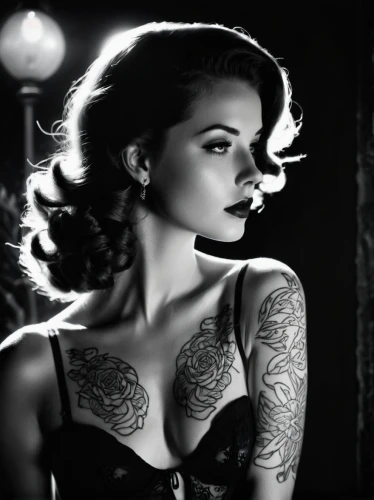 film noir,tattoo girl,burlesque,neo-burlesque,femme fatale,with tattoo,dark angel,rockabilly style,pin ups,rockabilly,cigarette girl,vintage woman,retro pin up girls,retro pin up girl,roaring 20's,tattooed,vintage angel,pinup girl,pin up,tattoos,Photography,Black and white photography,Black and White Photography 08