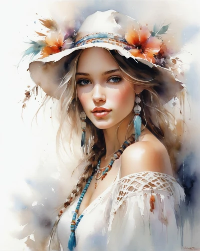 boho art,beautiful bonnet,mystical portrait of a girl,girl wearing hat,fashion illustration,fantasy portrait,fantasy art,romantic portrait,white fur hat,straw hat,white lady,headdress,feather headdress,white beauty,flower hat,watercolor women accessory,girl portrait,faery,high sun hat,bohemian,Conceptual Art,Oil color,Oil Color 03