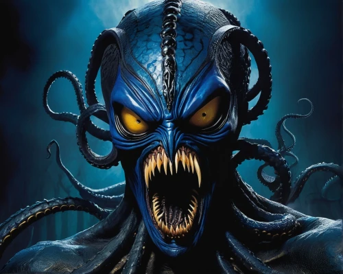 sea devil,poseidon god face,blue monster,calamari,blue demon,deep sea,sea god,god of the sea,deep sea diving,sea monsters,kraken,three eyed monster,mean bluish,water creature,cephalopod,under sea,deep sea fish,divemaster,lissotriton,octopus,Illustration,Realistic Fantasy,Realistic Fantasy 33