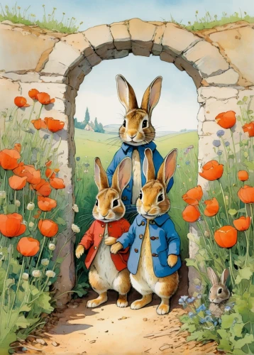 peter rabbit,two tulips,hare trail,springtime background,rabbits,tulip festival,hare field,children's background,rabbit family,cartoon flowers,poppy family,rabbits and hares,lilo,picking flowers,hares,spring background,bunnies,flower delivery,flower background,tulips,Illustration,Paper based,Paper Based 19