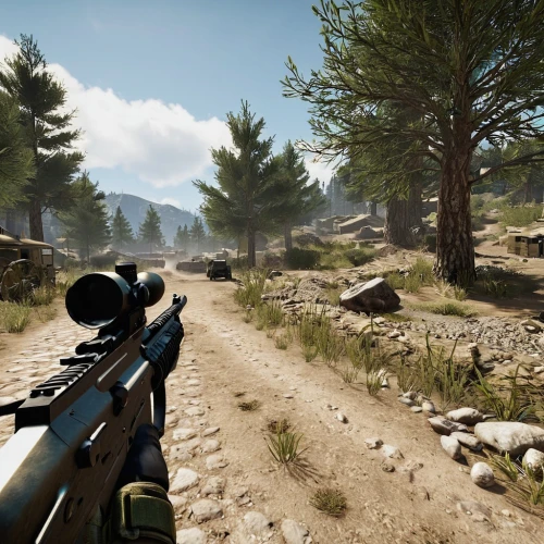 screenshot,m4a1 carbine,shooter game,combat pistol shooting,battlefield,mountain vesper,pine trees,graphics,pine forest,submachine gun,deadwood,videogame,high valley,valley of desolation,spruce forest,crosshair,mountain pass,coniferous forest,free fire,pc game,Photography,General,Realistic