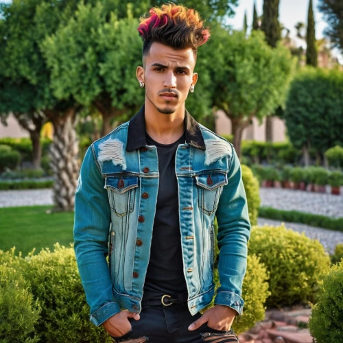 pompadour,denim jacket,mohawk hairstyle,marrakech,marrakesh,pineapple head,young model istanbul,jean jacket,denim background,mohawk,jeans background,royce,young pineapple,pineapple farm,rockabilly style,pineapple fields,denim jeans,abdel rahman,morocco,male model,Photography,General,Realistic