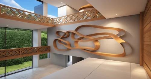 winding staircase,interior modern design,wooden stair railing,modern decor,contemporary decor,penthouse apartment,wine rack,patterned wood decoration,3d rendering,circular staircase,outside staircase,wooden stairs,interior decoration,interior design,block balcony,staircase,modern house,modern living room,wall decoration,room divider,Photography,General,Realistic