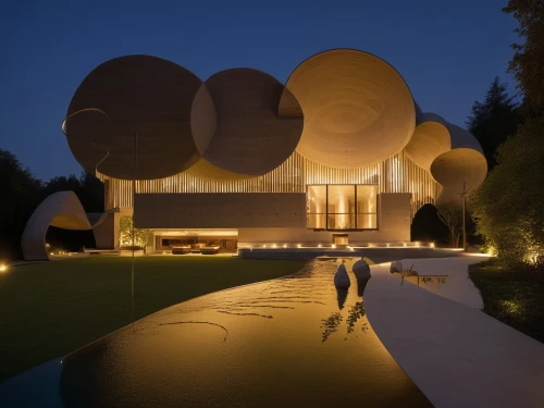 spheres,japanese paper lanterns,modern house,3d rendering,archidaily,futuristic architecture,modern architecture,dunes house,beautiful home,luxury property,corten steel,luxury home,balloon-like,heart balloons,jewelry（architecture）,exterior decoration,private house,futuristic art museum,mansion,large home,Photography,General,Natural