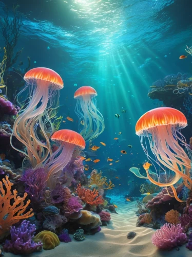 underwater landscape,underwater background,coral reef,sea life underwater,anemone fish,aquarium lighting,ocean underwater,sea anemones,underwater world,sea animals,coral reefs,aquarium decor,marine life,underwater oasis,jellyfishes,sealife,sea jellies,aquarium,reef tank,sea-life,Conceptual Art,Oil color,Oil Color 18