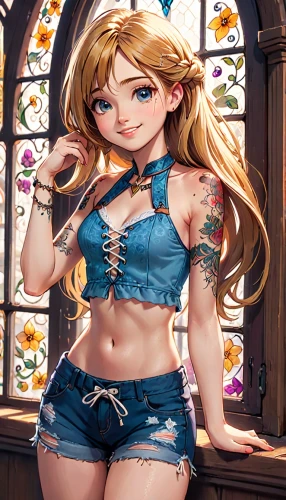 nami,elza,yang,elsa,jean shorts,jeans background,rapunzel,jessamine,navel,pollen panties,san,denim background,maya,fantasy girl,azalea,liana,vane,celtic queen,cinderella,alice,Anime,Anime,General